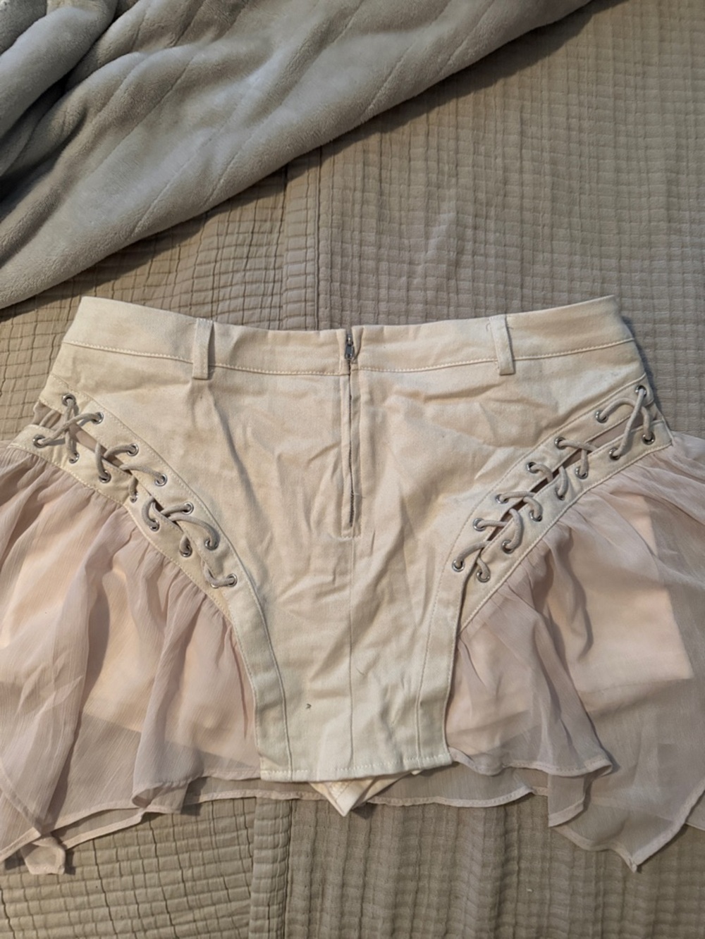 Fashion Nova Cream Lace-Up Mini Skirt with Sheer Ruffles